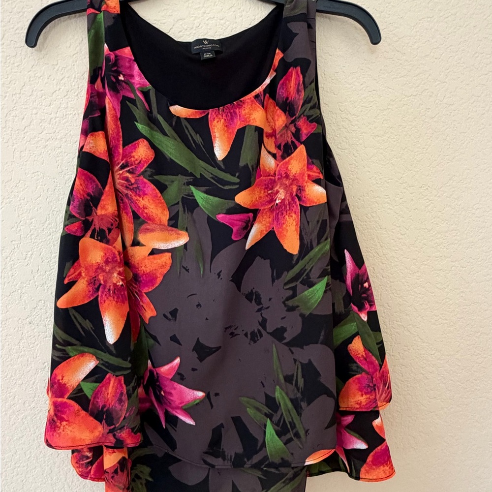 Worthington Black Floral Sleeveless Tank with Bright Orange & Pink Blooms